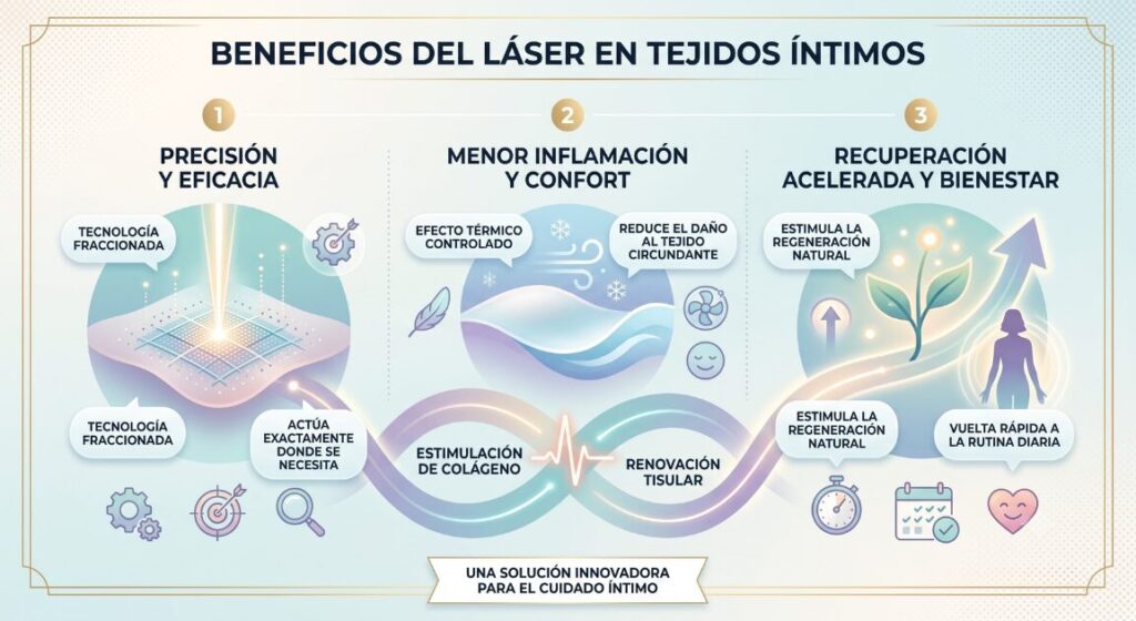 Infografía sobre los beneficios de la tecnología láser en tratamientos íntimos